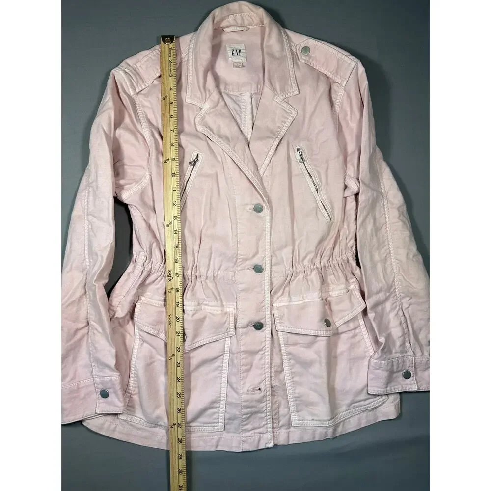 GAP Women's Soft Pink Cotton Jacket Gathered Waist Button Front Sz L - Picture 6 of 7